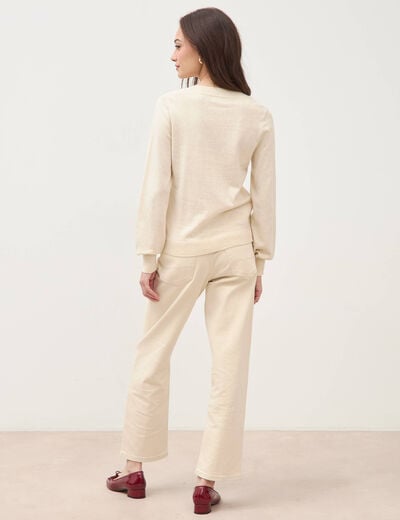 Pull droit col v manches longues creme femme