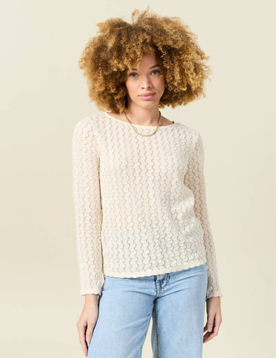 T-shirt manches longues ajouré ecru femme