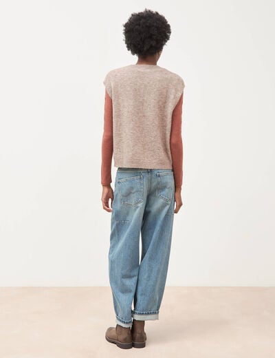 Pull droit court sans manches col rond marron clair femme