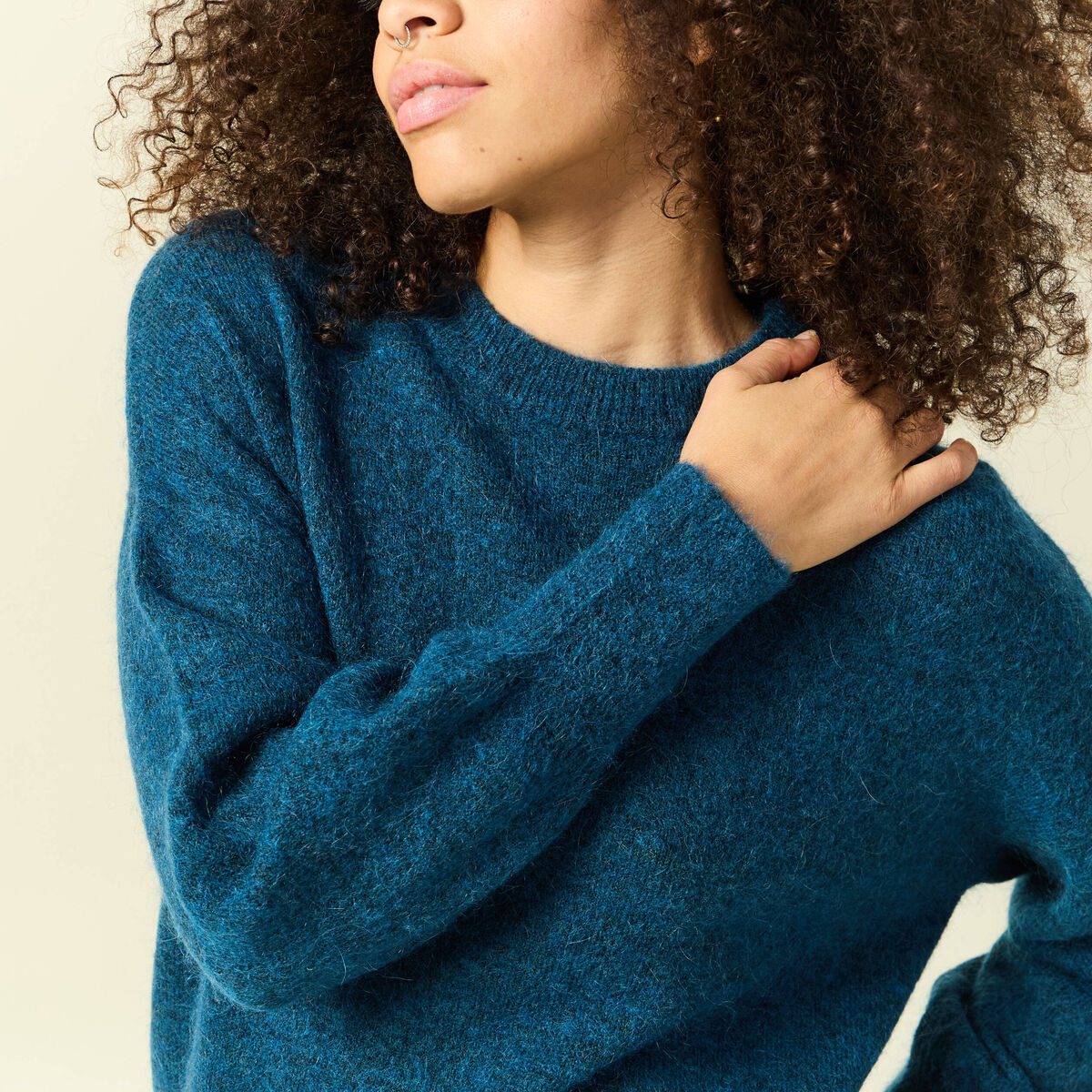 Pull col rond manches longues bleu canard femme