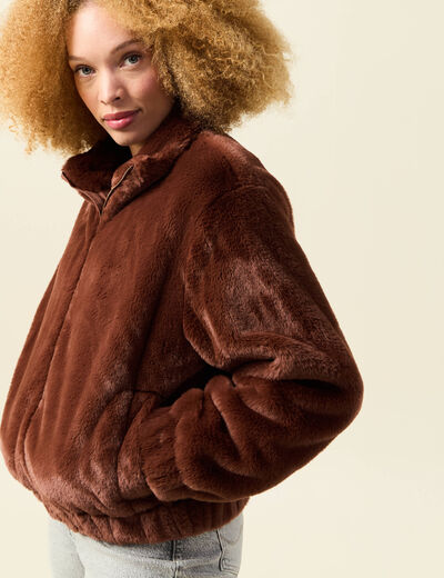 Veste droite courte col montant marron femme