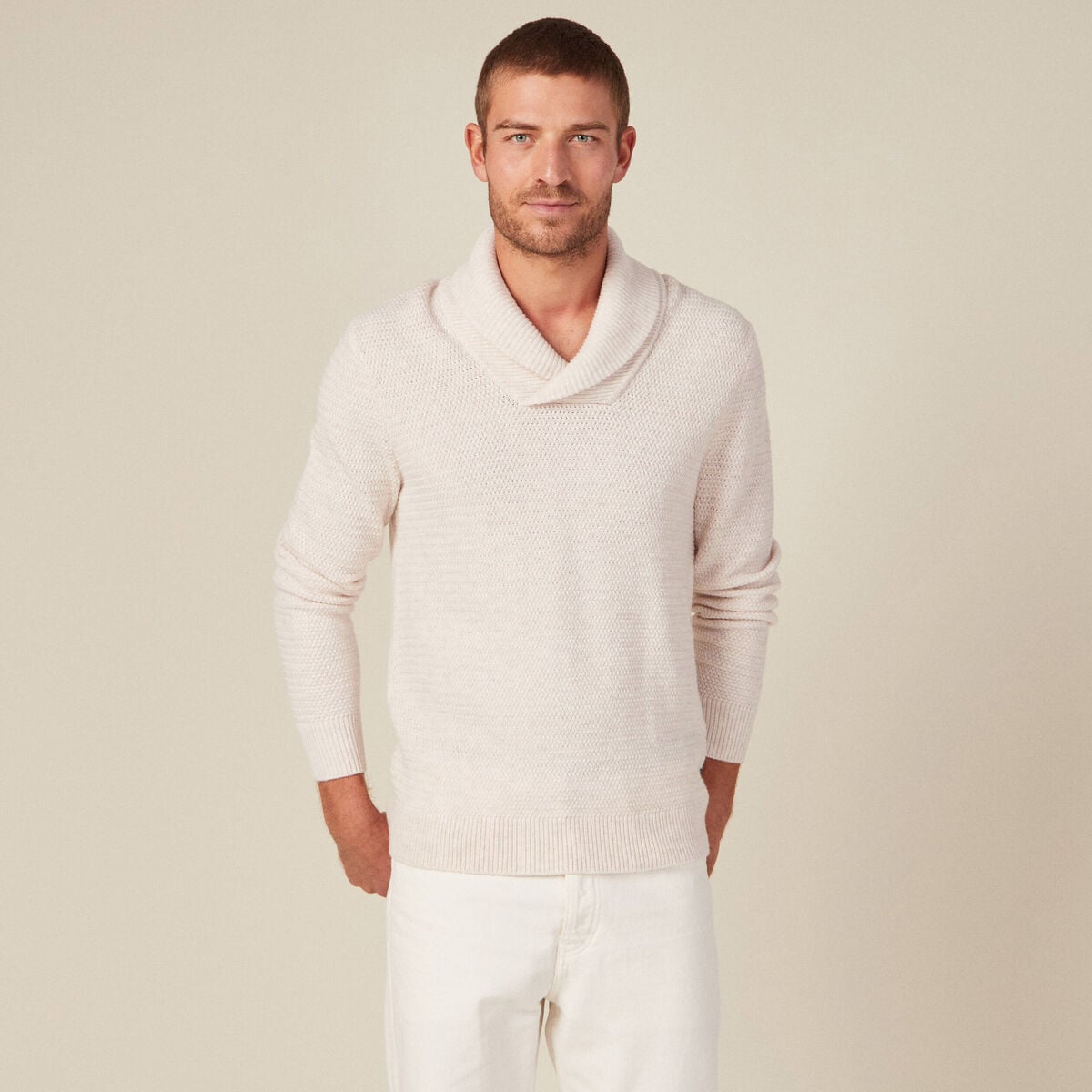 Pull manches longues col ch&acirc;le ecru homme