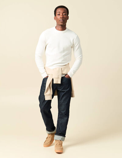 Pull fin col rond manches longues ecru homme