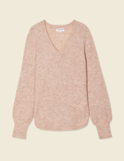 Pull manches longues col en V creme femme
