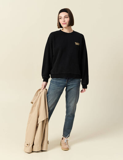 Sweat col rond manches longues en coton noir femme