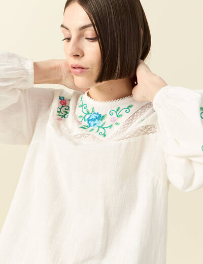 Chemise bord&eacute;e en coton manches longues ecru femme