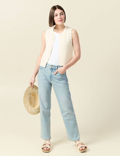 Gilet droit court sans manches creme femme