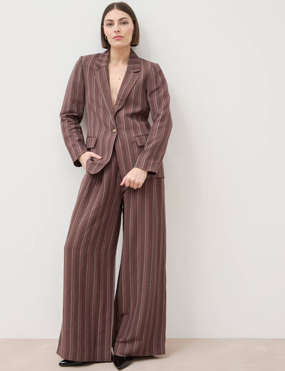 Pantalon large taille haute ray&eacute; marron chocolat femme