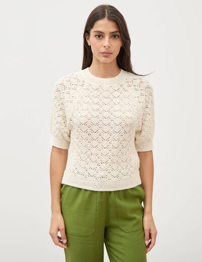 Pull droit court ajour&eacute; manches courtes camel femme