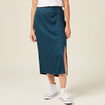 Jupe midi droite fendue satin bleu canard femme