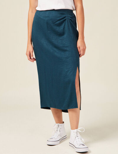 Jupe midi droite fendue satin bleu canard femme
