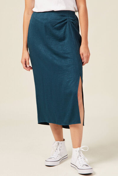 Jupe midi droite fendue satin bleu canard femme