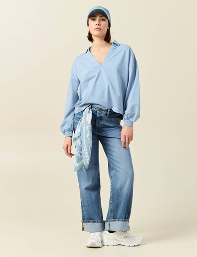 Sweat manches longues col polo bleu clair femme