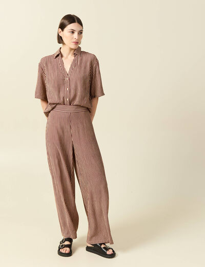 Pantalon large taille haute ray&eacute; violet femme