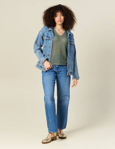 Pull col en V éco-responsable vert kaki femme