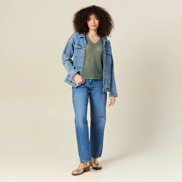 Pull col en V éco-responsable vert kaki femme