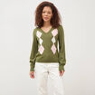 Pull col v manches longues vert femme