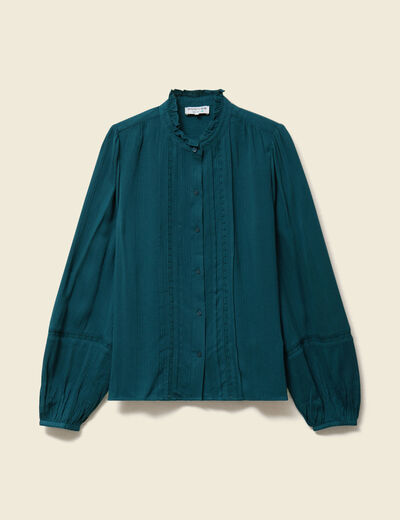 Blouse droite courte d&eacute;tail dentelle bleu canard femme