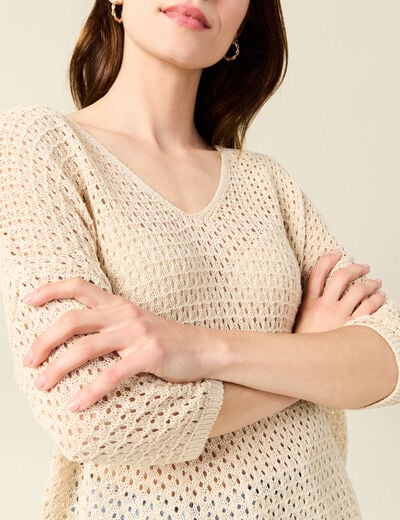 Pull ajour&eacute; col v manches 3/4 creme femme