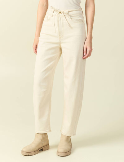 Jeans barrel 7/8&egrave;me avec ceinture denim blanc femme