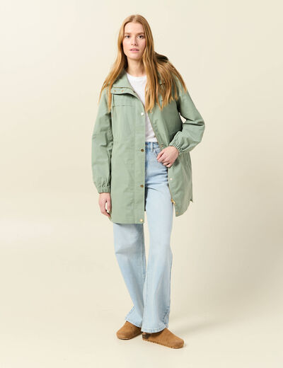 Parka longue à capuche vert kaki femme