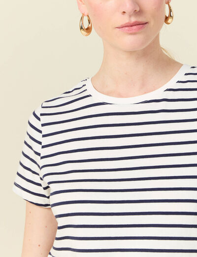 T-shirt cintr&eacute; col rond manches courtes ecru femme