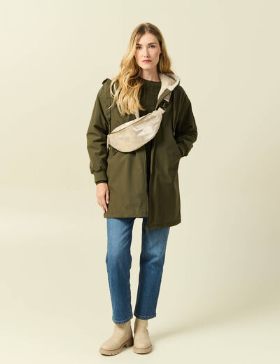 Pull manches longues col rond &agrave; sequins vert kaki femme