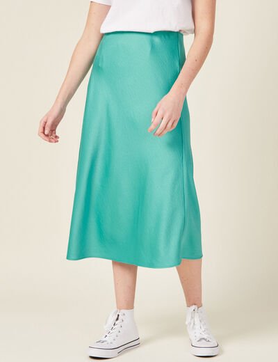 Jupe midi droite satin bleu turquoise femme
