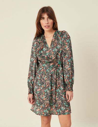 Robe taille marquée à volants noir femme