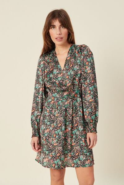 Robe taille marquée à volants noir femme