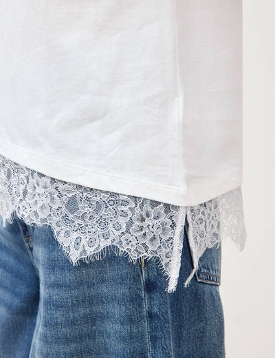 T-shirt droit col rond avec dentelle ecru femme