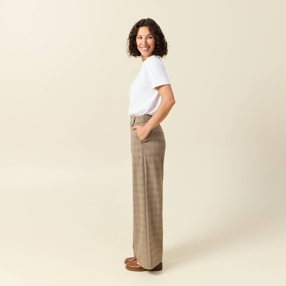 Pantalon large taille haute fluide beige fonce femme