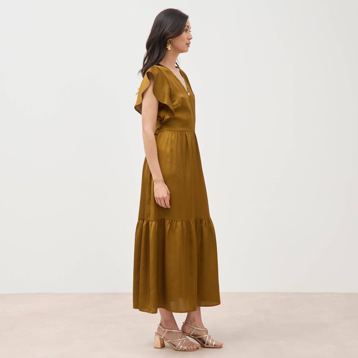 Robe fluide col v manches courtes vert olive femme