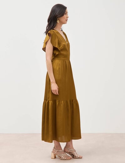 Robe fluide col v manches courtes vert olive femme