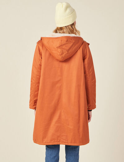 Parka droite à capuche doublée orange foncé femme
