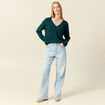 Pull manches longues col en V vert fonc&eacute; femme