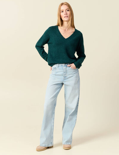 Pull manches longues col en V vert fonc&eacute; femme