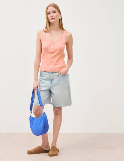D&eacute;bardeur droit court col rond rose corail femme