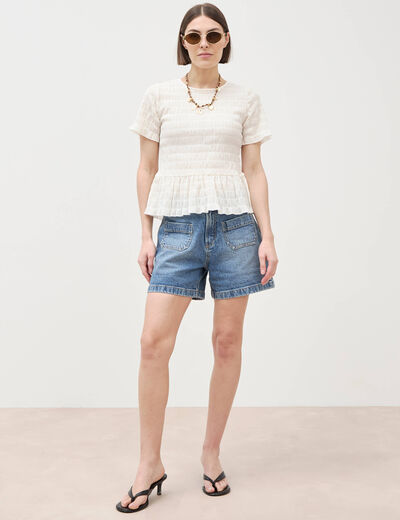 T-shirt cintr&eacute; fronc&eacute; manches courtes ivoire femme