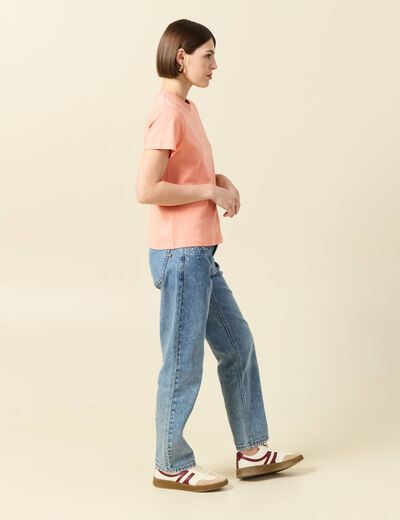 T-shirt cintr&eacute; col rond manches courtes rose corail femme