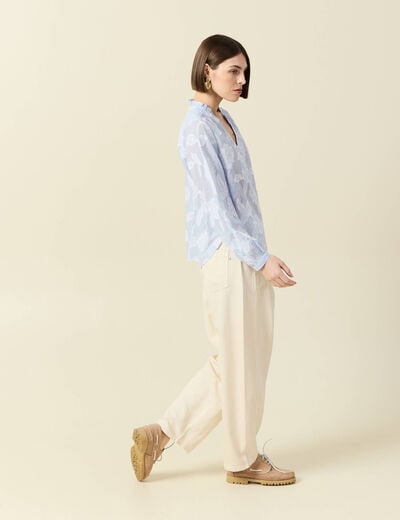 Chemise en coton col V manches longues bleu gris femme