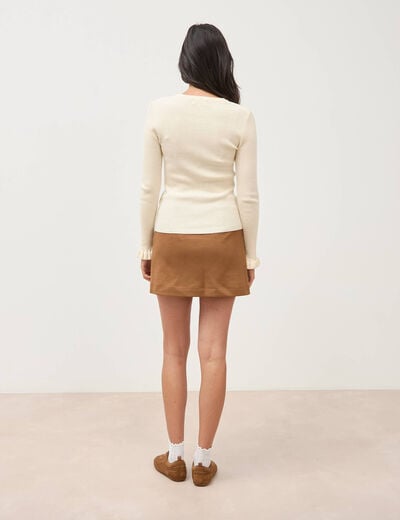 Pull cintr&eacute; col rond manches longues creme femme