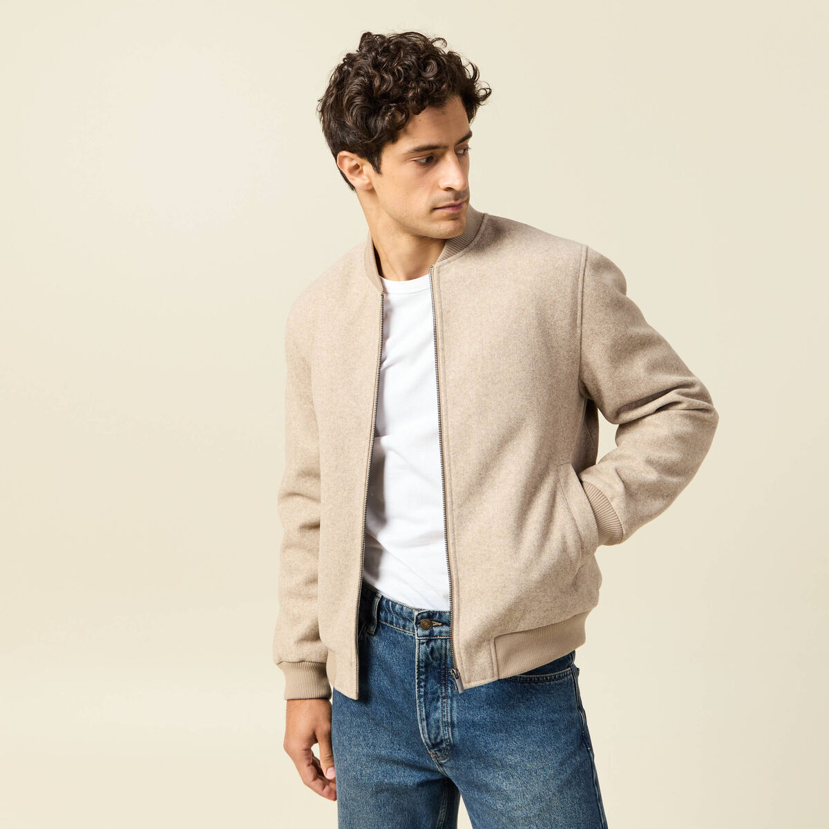 Blouson doubl&eacute; manches longues beige homme