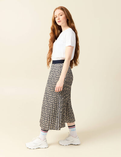 Jupe longue droite plissée bleu marine femme