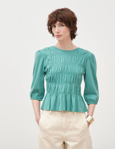 T-shirt cintr&eacute; col rond manches longues vert femme