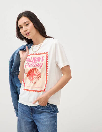 T-shirt droit en coton manches courtes ecru femme