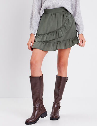 Jupe droite volantée vert kaki femme