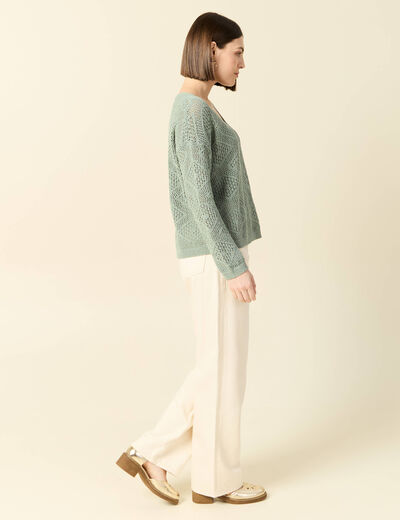 Pull manches longues ajouré vert kaki femme