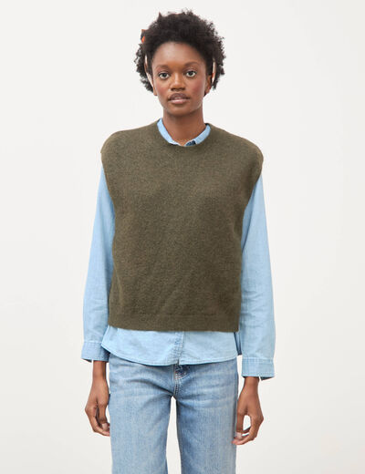 Pull droit court sans manches col rond vert olive femme