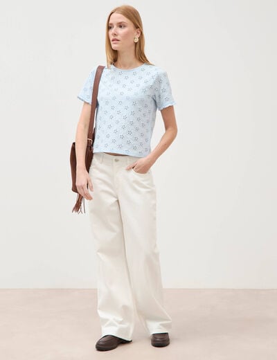 T-shirt droit col rond broderie coton bleu ciel femme